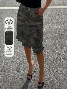DAZY 迷彩美人鱼荷叶边下摆休闲街头风女式夏季半身裙 - 軍綠色 - 查看 1
