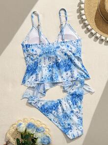 Swim Mod Spring/Summer Sunshine Beach Swimsuit 2pcs Set, Random Print, Vacation Deep V Spaghetti Strap Irregular Hem Triangle Bottoms Women Vest Camisole Bikini Swimwear - Multicolor - View 2