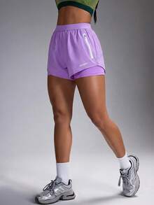 Powerista Women's Casual Letter Print Zipper Pocket Sports Shorts - Mauve Purple - View 4