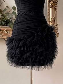 Lovelzi Elegant & Luxurious Black Mesh Handmade Ruffle Decor Bustier Bubble Hem Bodycon Mini Party Dress - Black - View 6