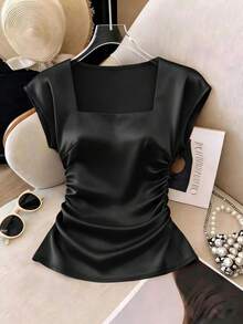 SHEIN Franclia Women's Elegant French Style Black Shirt,Half Sleeve Square Collar,Ruched Waist High-End Satin Fabric,Summer Office Casual Outfit,White - Black - View 1
