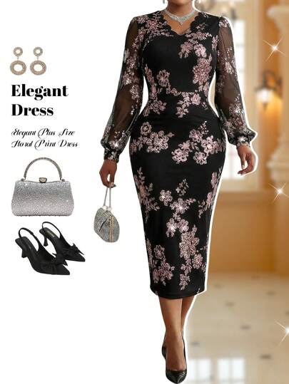 Fleurora 大码女式束腰长袖连衣裙，优雅适合派对和聚会