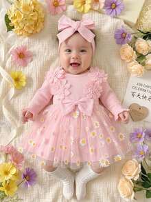 SHEIN 新生女婴白色腋下条纹立体刺绣花朵蝴蝶结拼接网纱连衣裙和发带两件套，秋冬新款优雅，适合户外拍摄 - 粉色 - 查看 6