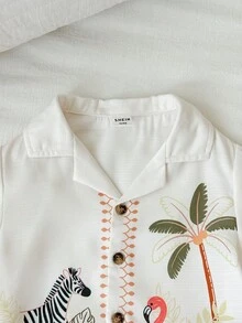 SHEIN 两件套婴儿/男婴休闲可爱动物印花短袖衬衫和短裤套装，夏威夷风格，春夏装 - 杏色 - 查看 7