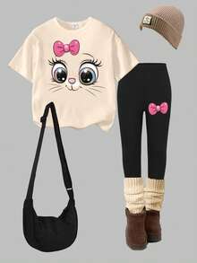 SHEIN Bộ đồ 2 mảnh thời trang thường ngày mùa xuân hè, sáng tạo, in hình mặt mèo dễ thương, trái tim và nơ, gồm áo thun và quần legging, thoải mái cho bé gái mặc hàng ngày, phù hợp cho mùa xuân, hè và thu. - Nhiều màu - Xem 4