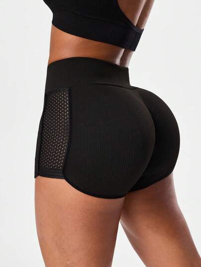 Seamluxe SHEIN Sport 1 Stück Damen nahtlose Mesh-Patchwork Mode Laufen Workout Fitness Yoga Shorts, Oberbekleidung