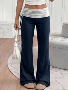 Tween Girls' Vintage Side Drawstring Y2K Flare Pants, Streetwear Versatile - Navy Blue - View 5
