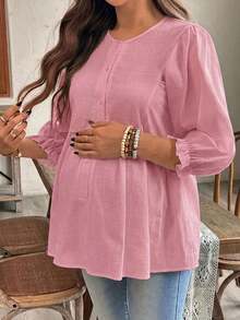 Maternity Casual Button Flare Sleeve Round Neck Blouse - Pink - View 3