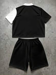Manfinity EMRG Men's Summer Black White Grey Abstract Wave Color Block 2 Piece Outfit Set Button Down Shirt And Shorts Co Ord Matching Set Star Logo Graphic Modern Geometric Pattern Vintage Y2K 2000s Style Streetwear Minimalist Casual Vacation Holiday Beach Resort Travel Party Going Out Club Night Out Festival Concert Short Sleeve Lapel Collar Camp Shirt Drawstring Waist Oversized Loose Fit Relaxed Breathable Soft Comfortable Hip Hop Urban Harajuku Artistic Creative Unique Unisex Fashion Matching Set For Men - Multicolor - View 2