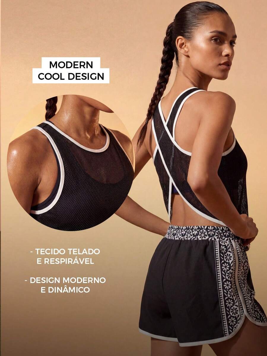 Top deportivo de tirantes con recorte de color contrastante y diseño calado, transpirable