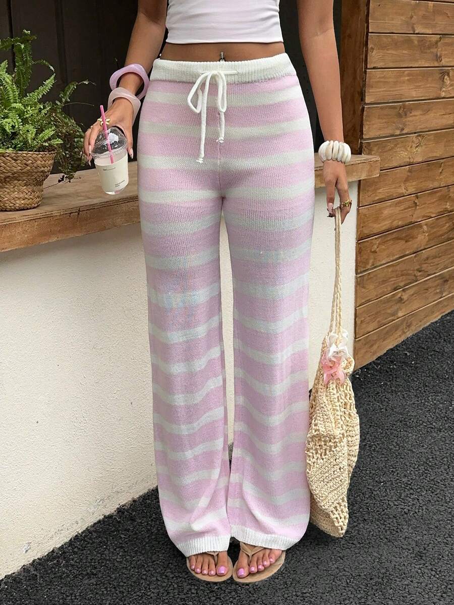 SHEIN EZwear Women's Drawstring Waist Striped Loose Casual Knit Pants - Multicolor - View 1