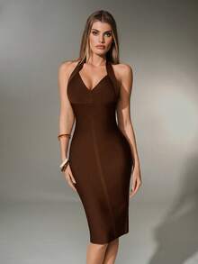 Nuvra Women's Elegant Coffee Brown Halter Deep V-Neck Bodycon Bandage Party Dress,Autumn Date Night Shapewear Tummy Control Stretchy Cinched Waist - Brown - View 5