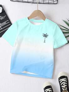 男童短袖圆领T恤，渐变蓝绿色印花，背面印有大号字母，棕榈树度假风，时尚街头风，春夏旅行休闲必备单品 - 彩色 - 查看 3