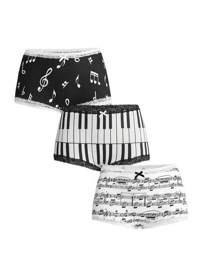 ROMWE Bộ 3 món quần short cạp thấp viền ren in hình nốt nhạc và bàn phím piano phong cách Y2K cổ điển