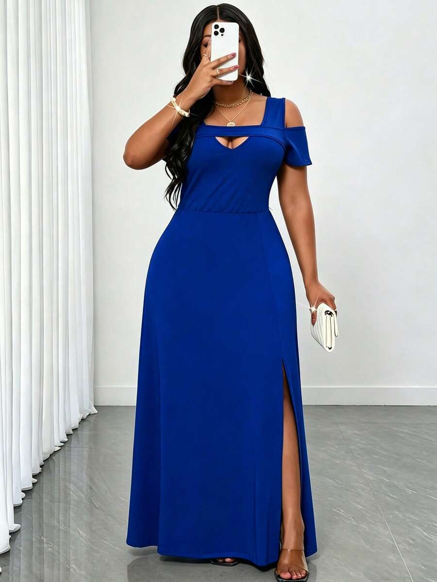 SHEIN Lady New Plus Size Lady Strapless Maxi Dress In Navy Blue, & Charming, Thigh High Slit Vacation - Royal Blue - View 1
