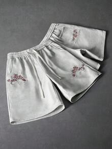 PAVTROS Men's Casual Straight Floral Embroidered Gray Shorts, Elastic Waist Knee-Length Pants, Fashionable Choice - Grey - View 2