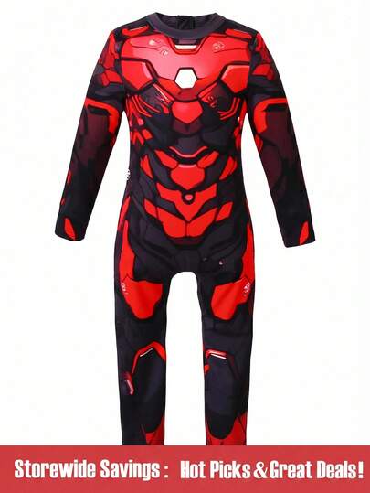 SHEIN Bộ áo liền quần dài tay và quần in hình robot ngộ nghĩnh dành cho bé trai, trang phục mùa hè thoải mái cho kỳ nghỉ, du lịch, thư giãn và tắm nắng.