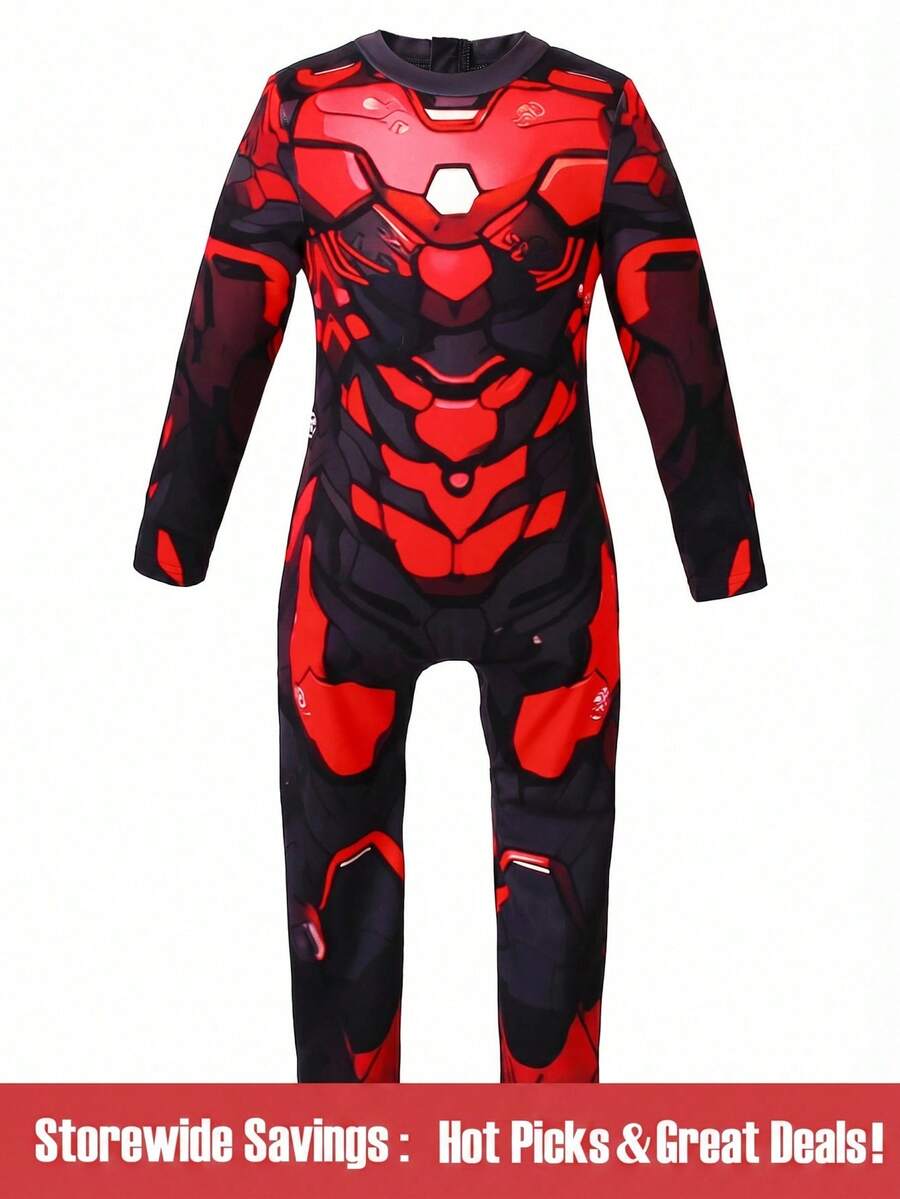 SHEIN Explorewe Young Boys Cool Robot Print Long Sleeve & Pants Jumpsuit, Comfortable Summer Outfit For Getaway, Holiday, Travel, Relax, Sunbathing - Multicolor - View 1