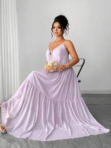 SHEIN Clasi Plus Size Women's Casual Vacation Style Woven Spaghetti Strap Double Layer Digital Print Light Purple Long Dress - Mauve Purple - View 4