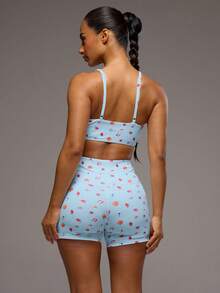 Musera Sport Bộ đồ thể thao gồm áo bra và quần short cạp cao chéo in hình trái cây, thích hợp cho tập luyện thể thao, tập gym, pilates, thể dục, hàng ngày, nữ tính và thường ngày. - Màu xanh nhạt - Xem 4