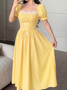 Glamine Charm Đầm maxi nữ thắt eo, tay phồng, phối ren hoa, họa tiết hoa. - Màu vàng - Xem 4