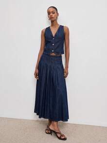 ATUI Studio 女士夏季休闲前扣牛仔背心和褶皱牛仔迷你裙套装 - 藏蓝色 - 查看 3