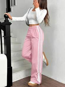 SHEIN EZwear 女士黑色侧边撞色白色织带松紧腰裤 粉色裤子 女士休闲裤 运动裤 抽绳裤 宽松裤 粉色运动裤 阔腿裤 粉色女裤 女士夏季裤 阔腿运动裤 女士运动裤 女士休闲阔腿裤 女士高腰裤 - 粉色 - 查看 4