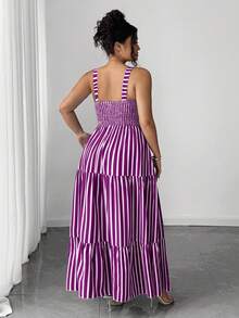Elenzga Đầm mùa hè cỡ lớn kẻ sọc dáng suông xếp nếp - Màu tím  Violet - Xem 2