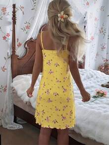 SHEIN Đồ ngủ nữ, áo hai dây ren hoa dệt kim, kiểu dáng áo ngủ. - Màu vàng - Xem 3