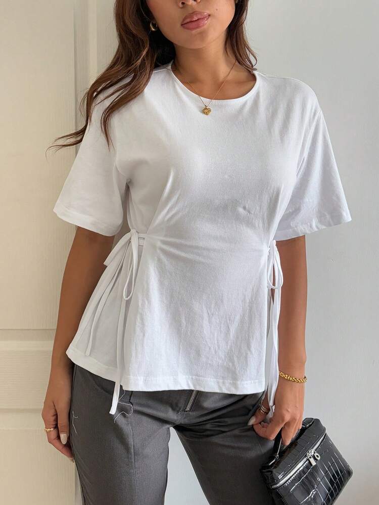 Women's Loose Waist Tie Cinched Waist Casual T-Shirt, White Street Style Lightweight Commuter Design, Spring & Summer