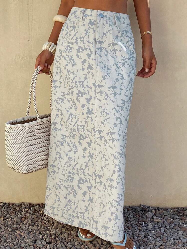 Full Floral Print Straight Skirt With Side Slit, Elegant Casual Summer Dress For Women