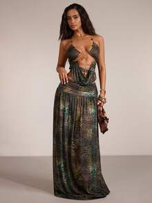 SHEIN BAE Women's Grey Leopard Print Summer Boho Tropical Sexy Holiday Beaded Halter Backless Crop Top And Low Waist Wide Leg Skirt 2 Pieces Set Vacation Beach - Multicolor - View 8