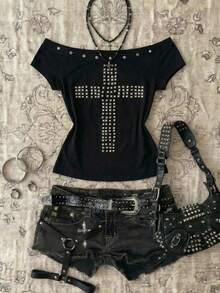 EgrlEra Camiseta Preta com Decoração de Metal e Strass para Mulheres - Preto - Visão 4