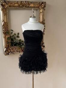 Lovelzi Elegant & Luxurious Black Mesh Handmade Ruffle Decor Bustier Bubble Hem Bodycon Mini Party Dress - Black - View 5