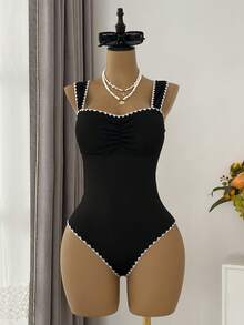 Swim Mod Women's Beach Outfits, Flower Print Solid Color Ribbed Slim Fit One-Piece Swimsuit, New Minimalist Design For Summer - Black - View 3