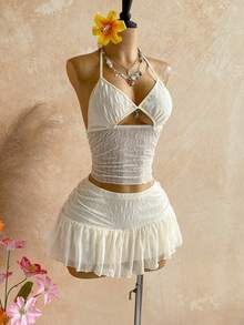 Soleia Women's Solid Color Sexy Spaghetti Strap Hollow Design Camisole And Mini Skirt 2 Pieces Set - White - View 5