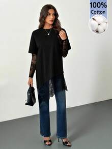 SHEIN Tall 黑色秋季優雅日常女款上衣，蕾絲袖口與下擺設計，寬鬆版型，適合冬季、聖誕節、晚宴或新年穿著 - 黑色 - 查看 10