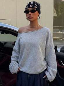 SHEIN EZwear 女士休闲浅灰色露肩宽松长袖卫衣，33%棉，女士换季服装 - 灰色 - 查看 6