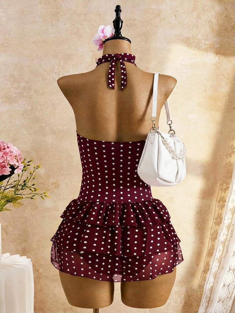 Bellisia Traje de baño con falda para mujer con estampado de puntos blancos sobre fondo negro, diseño de escote profundo en V con cuello de halter y espalda descubierta, con volantes de gasa de 3 niveles con el mismo estampado, ideal para vacaciones en la playa o fiestas en la piscina - Burdeos - Añade 2