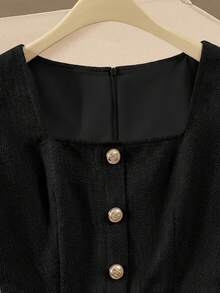 SHEIN Franclia Women's Dress With Square Collar, Waist Cinched, Bodycon Dress, Summer 2026 Autumn New Versatile Commuting Office Solid Color Button Design Double Layer Lining - Black - View 4