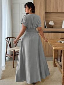 Weeklong Plus Size Women's Spring/Summer Floral Splice Waist Embroidered A-Line Casual Vacation Dress - Grey - View 2