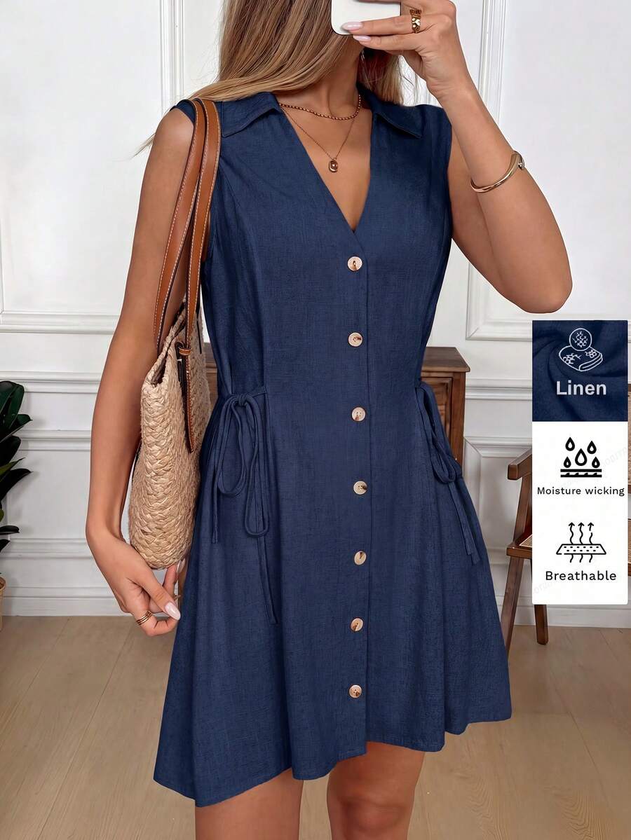 Easowa Robe chemise sans manches abricot avec ceinture à la taille, en lin confortable, convient pour le style décontracté, le trajet, le bureau, le vintage, les vacances à la française - Bleu marine - Voir 1