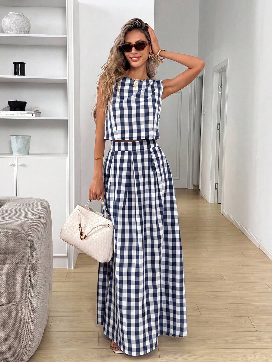 Easowa 女士格子印花圆领无袖上衣和半裙休闲两件套 - 藏蓝色 - 查看 1