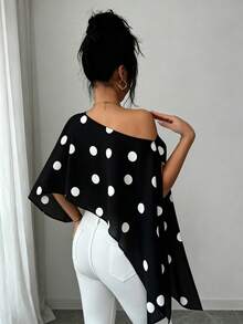 SHEIN Elenzya Áo kiểu nữ thanh lịch mới, họa tiết chấm bi, kiểu dáng thường ngày, đa năng, cổ bèo bất đối xứng, phù hợp cho mặc hàng ngày, hẹn hò, dự tiệc, mùa xuân/hè. - Đen và trắng - Xem 2