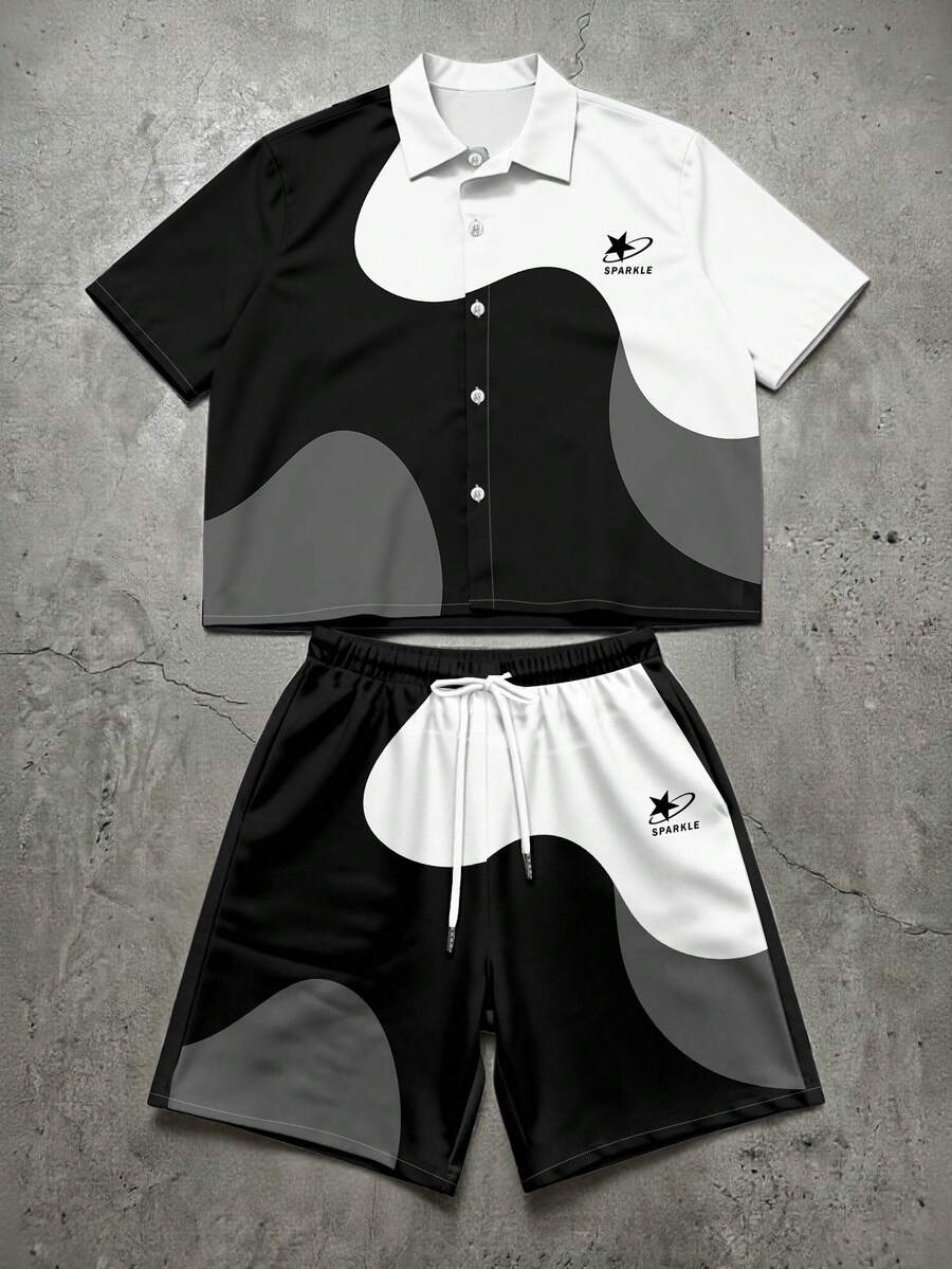 Manfinity EMRG Men's Summer Black White Grey Abstract Wave Color Block 2 Piece Outfit Set Button Down Shirt And Shorts Co Ord Matching Set Star Logo Graphic Modern Geometric Pattern Vintage Y2K 2000s Style Streetwear Minimalist Casual Vacation Holiday Beach Resort Travel Party Going Out Club Night Out Festival Concert Short Sleeve Lapel Collar Camp Shirt Drawstring Waist Oversized Loose Fit Relaxed Breathable Soft Comfortable Hip Hop Urban Harajuku Artistic Creative Unique Unisex Fashion Matching Set For Men - Multicolor - View 1
