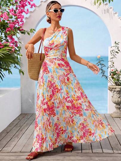 Vivid Eden 女士热带植物印花无袖褶皱中长连衣裙，适合度假