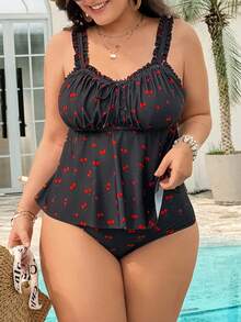 Swim Lushoire Plus Size Women's Summer Beach Vacation Cherry Print Frill Trim Tankini Swimwear - Multicolor - View 1