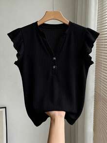 Breezaya Plus Size Women's Summer V-Neck Button Decor Casual T-Shirt - Black - View 6