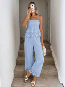 SHEIN LUNE Ensemble 2 pièces Top sans manches et pantalon imprimé tie-dye décontracté pour femmes, convient pour les vacances d'été, les déplacements et le port quotidien - Bleu ciel - Voir 6