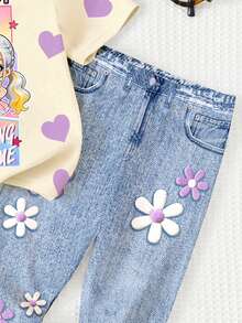 SHEIN 时尚个性化韩流卡通女孩、年轻女孩、爱心印花休闲舒适宽松圆领短袖T恤和打底裤套装 - 彩色 - 查看 5